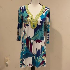 Pretty beach coverup or dress with beading on front of neckline.  Multi color.
